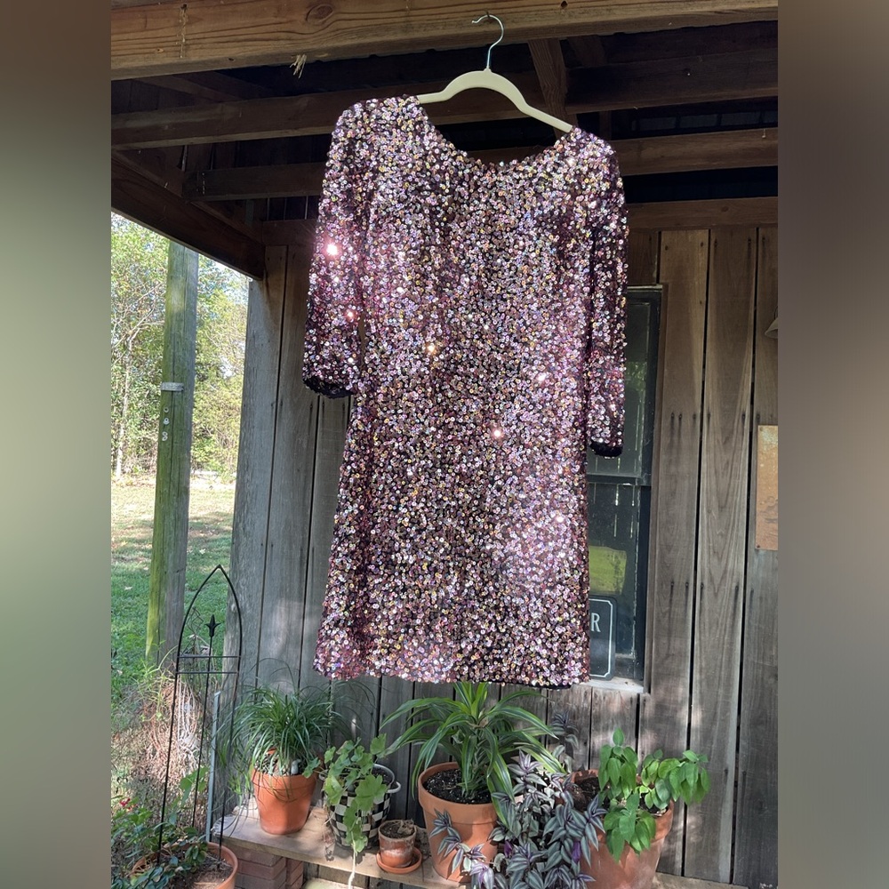 Scala Vintage Bronze Iridescent Sequin Silk Cocktail Dress Size 8 Built-in Bra